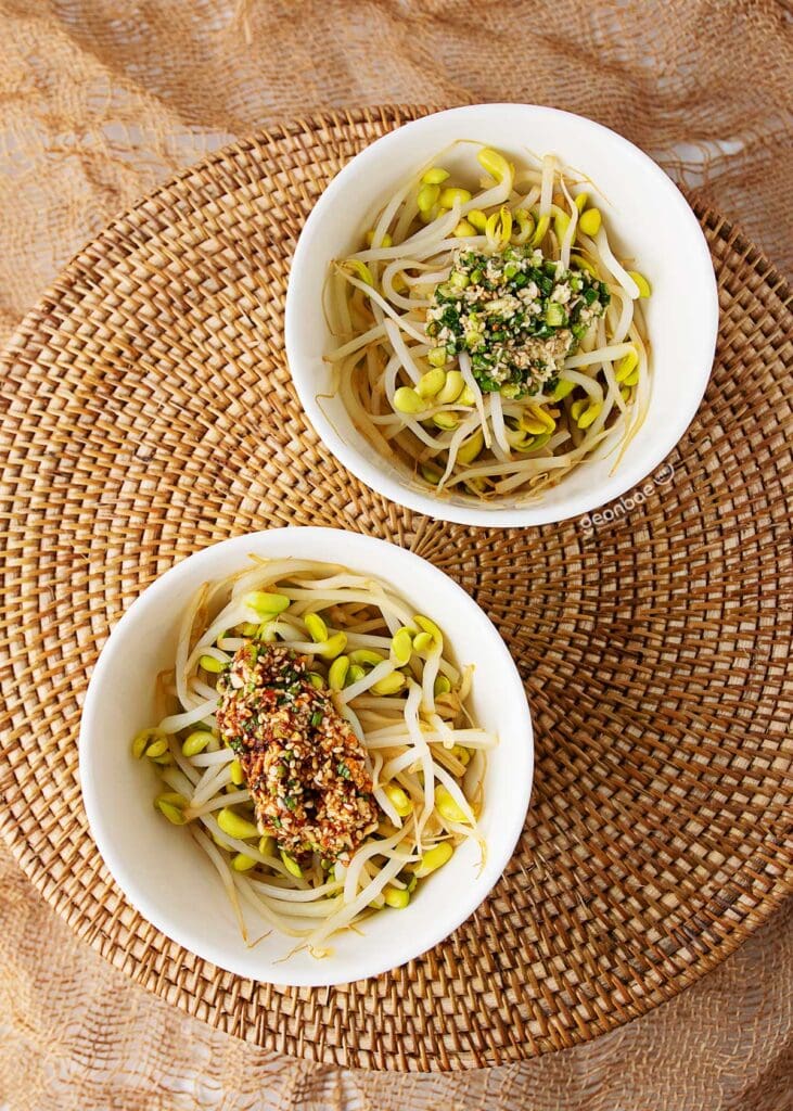 spicy and non-spicy korean seasoned soybean sprouts